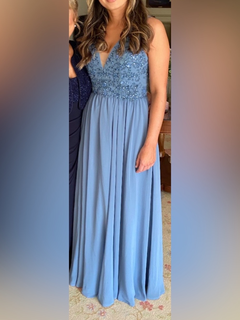 Mori Lee Dusty Blue Beaded V-Neck Maxi Dress